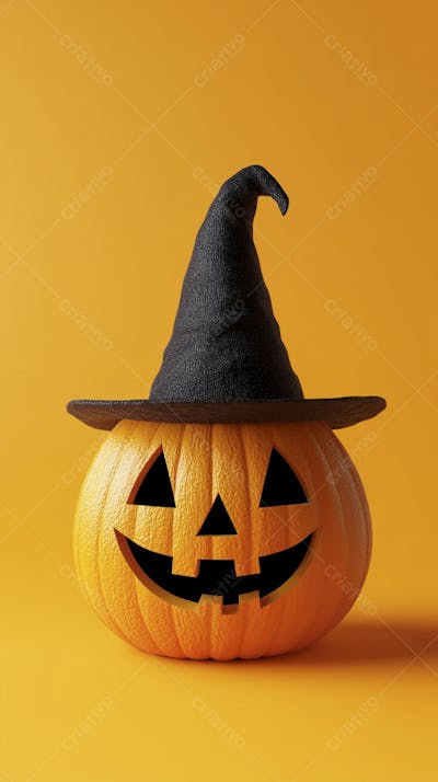 Abóbora de Halloween com Chapéu de Bruxa sobre Fundo Laranja Vibrante com Copy Space