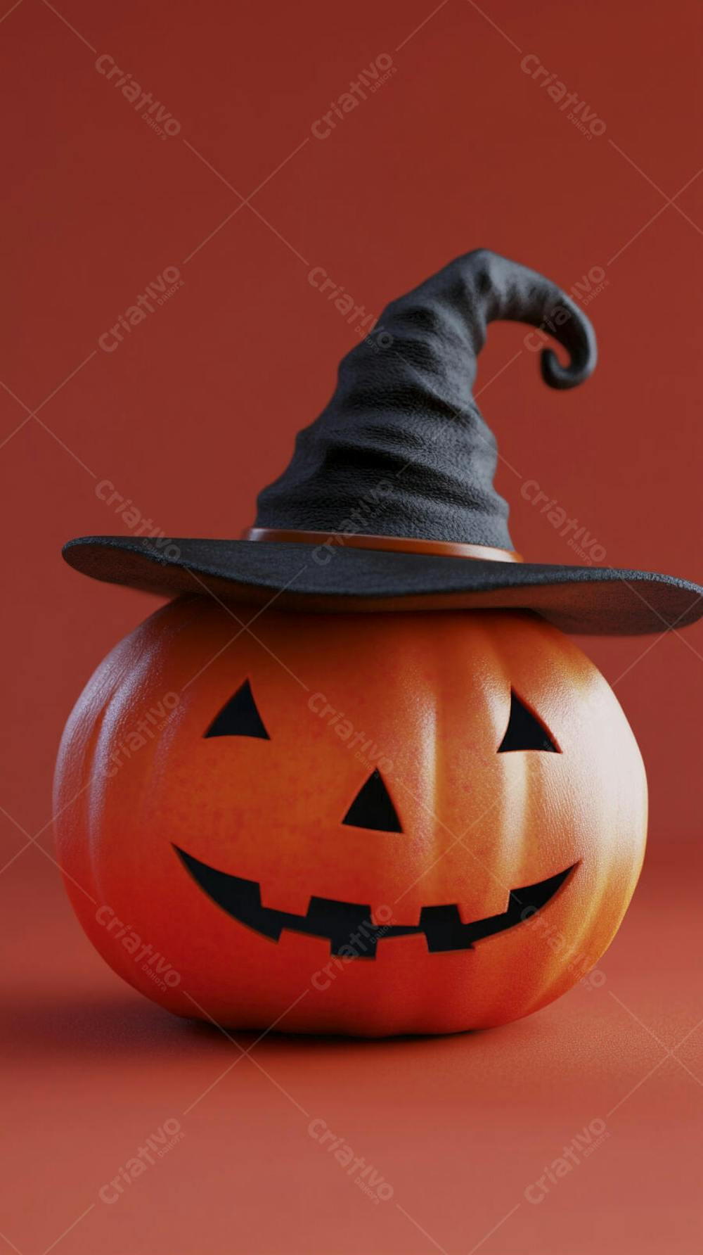Abóbora de Halloween com Chapéu de Bruxa sobre Fundo Laranja Vibrante com Copy Space