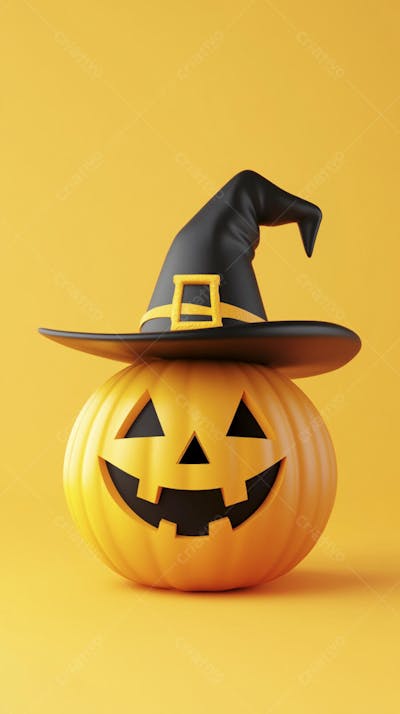 Abóbora de Halloween com Chapéu de Bruxa sobre Fundo Laranja Vibrante com Copy Space