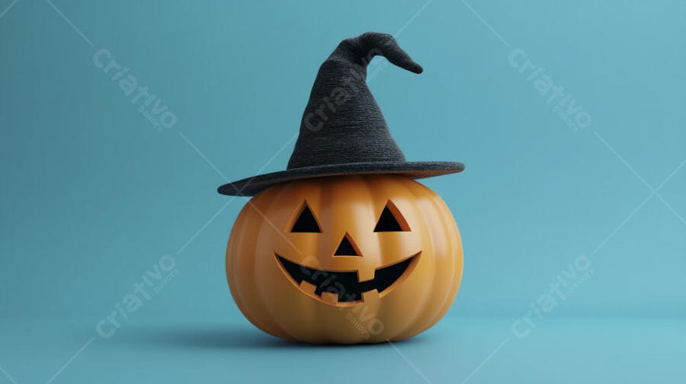 Abóbora de Halloween com Chapéu de Bruxa sobre Fundo Laranja Vibrante com Copy Space
