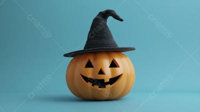 Abóbora de Halloween com Chapéu de Bruxa sobre Fundo Laranja Vibrante com Copy Space