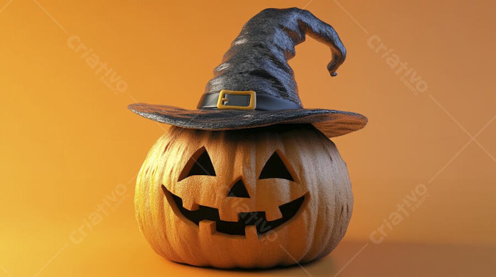 Abóbora de Halloween com Chapéu de Bruxa sobre Fundo Laranja Vibrante com Copy Space