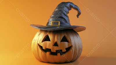 Abóbora de Halloween com Chapéu de Bruxa sobre Fundo Laranja Vibrante com Copy Space