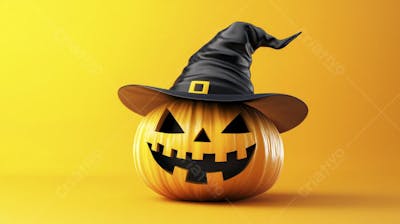 Abóbora de Halloween com Chapéu de Bruxa sobre Fundo Laranja Vibrante com Copy Space