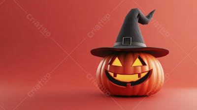 Abóbora de Halloween com Chapéu de Bruxa sobre Fundo Laranja Vibrante com Copy Space