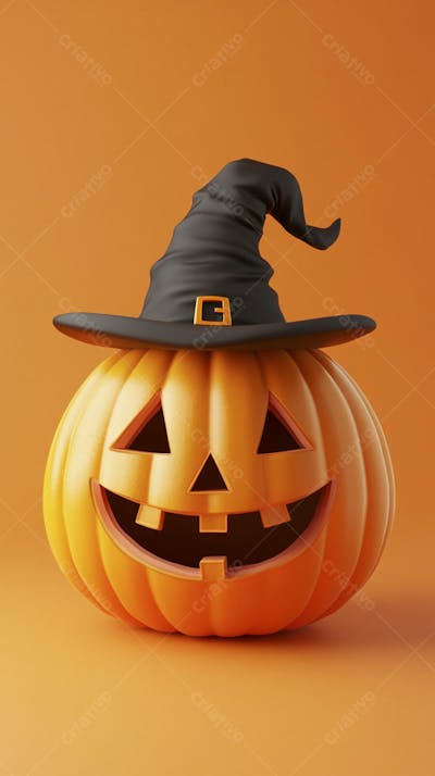 Abóbora de Halloween com Chapéu de Bruxa sobre Fundo Laranja Vibrante com Copy Space