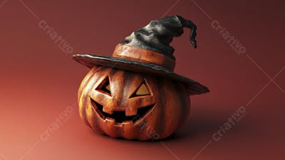 Abóbora de Halloween com Chapéu de Bruxa sobre Fundo Laranja Vibrante com Copy Space