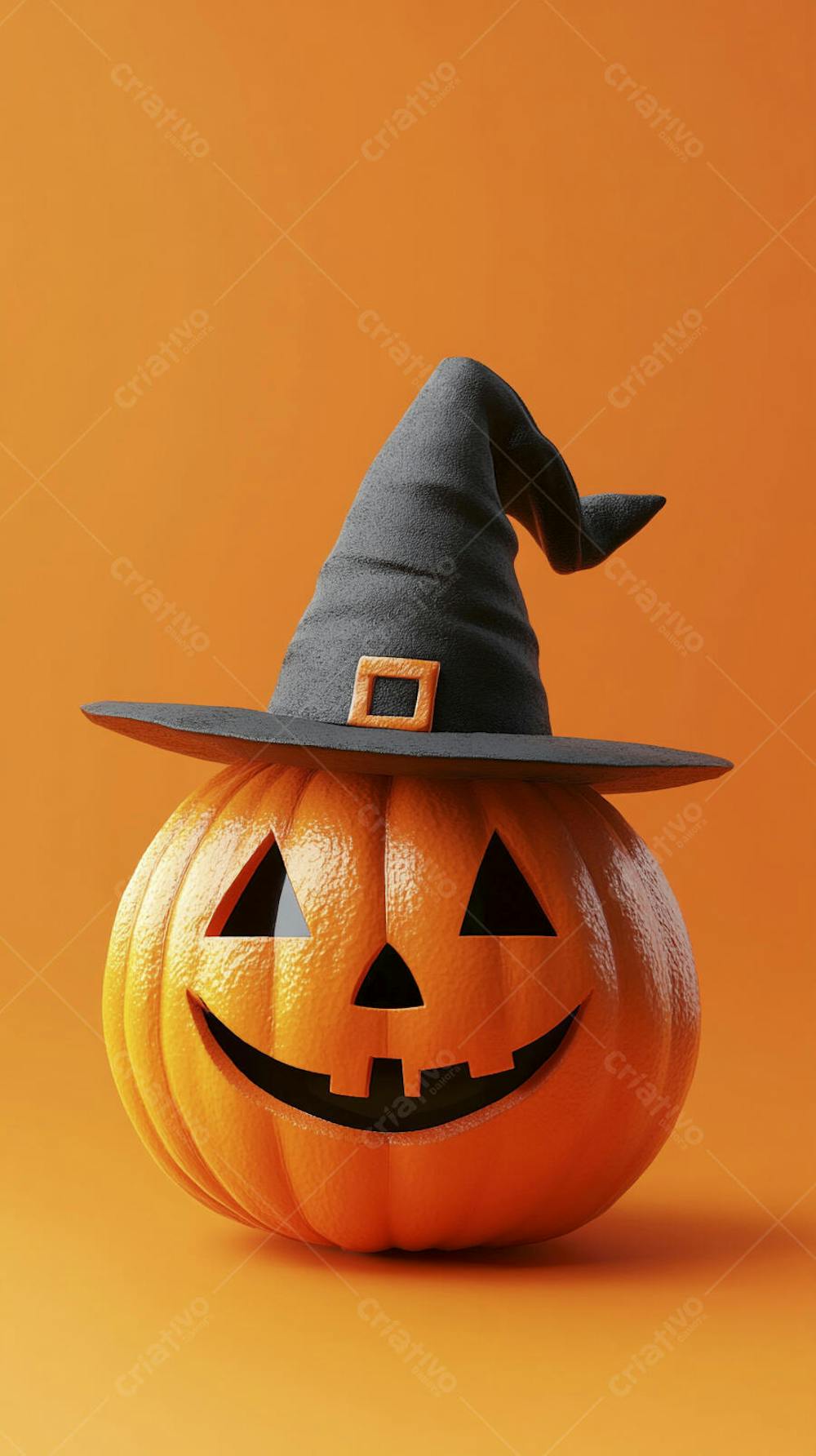 Abóbora de Halloween com Chapéu de Bruxa sobre Fundo Laranja Vibrante com Copy Space