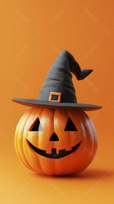 Abóbora de Halloween com Chapéu de Bruxa sobre Fundo Laranja Vibrante com Copy Space