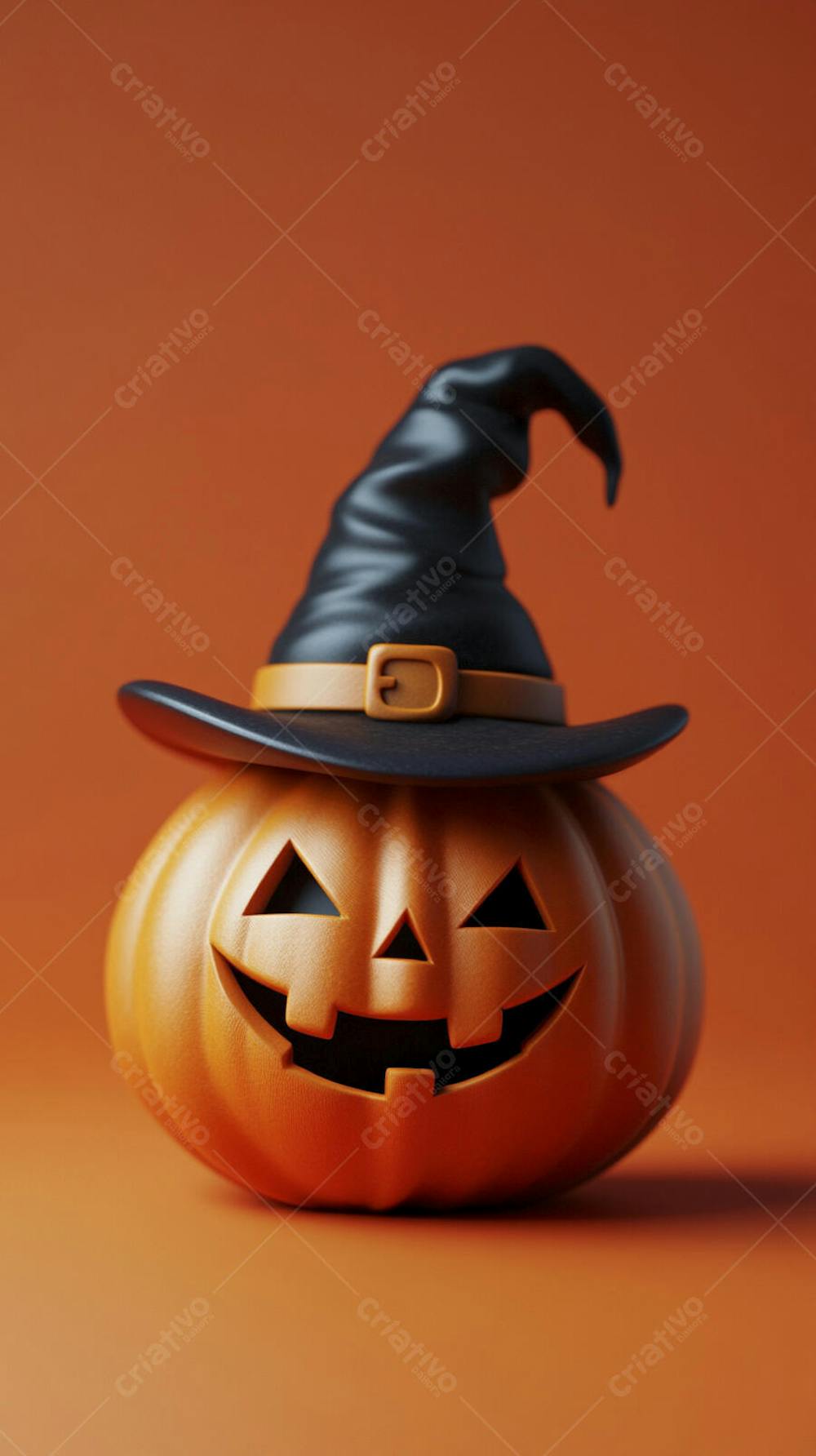 Abóbora de Halloween com Chapéu de Bruxa sobre Fundo Laranja Vibrante com Copy Space