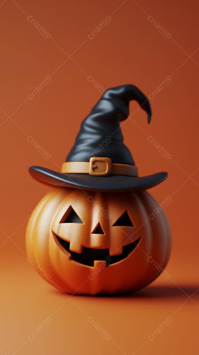 Abóbora de Halloween com Chapéu de Bruxa sobre Fundo Laranja Vibrante com Copy Space