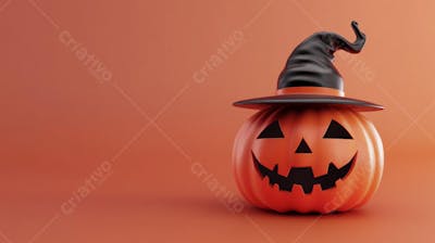 Abóbora de Halloween com Chapéu de Bruxa sobre Fundo Laranja Vibrante com Copy Space