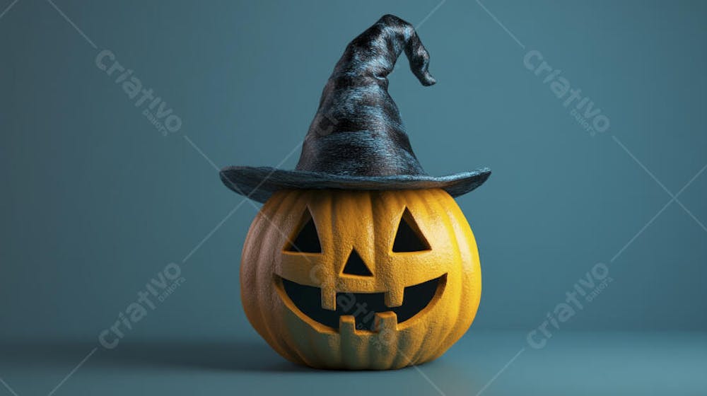 Abóbora de Halloween com Chapéu de Bruxa sobre Fundo Laranja Vibrante com Copy Space