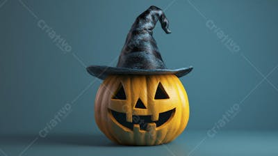 Abóbora de Halloween com Chapéu de Bruxa sobre Fundo Laranja Vibrante com Copy Space