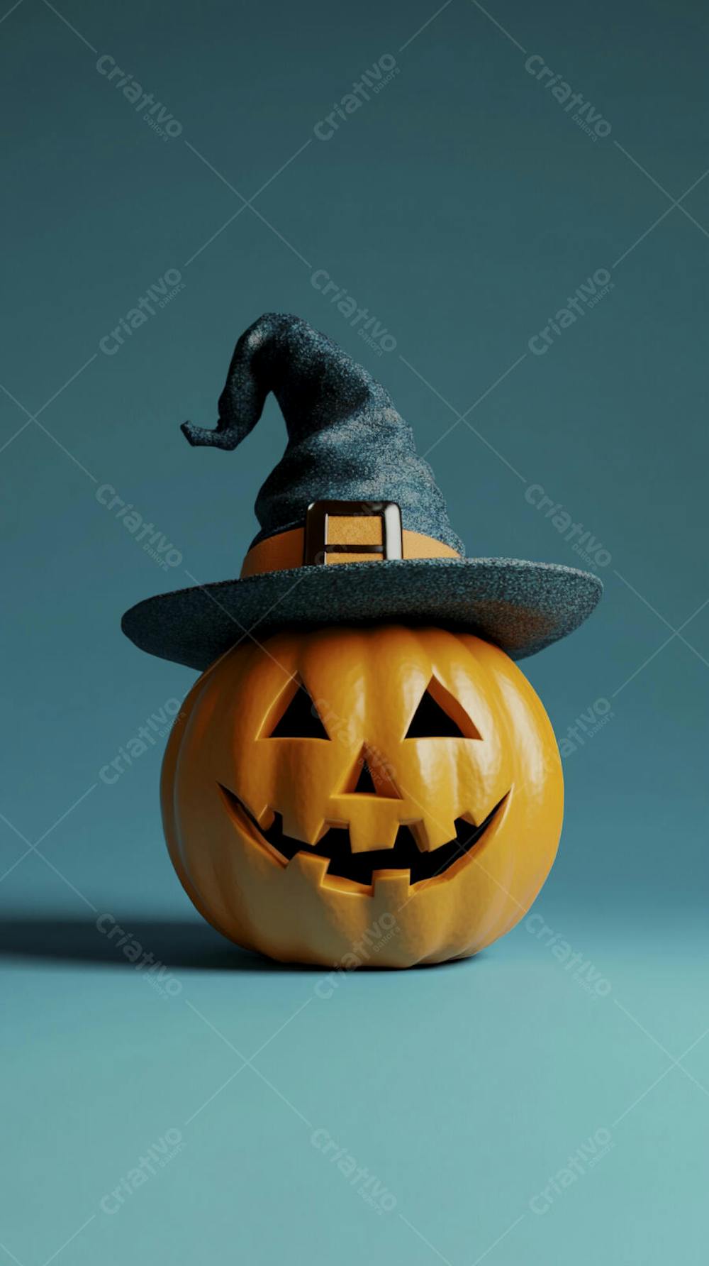 Abóbora de Halloween com Chapéu de Bruxa sobre Fundo Laranja Vibrante com Copy Space