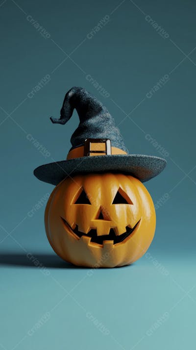 Abóbora de Halloween com Chapéu de Bruxa sobre Fundo Laranja Vibrante com Copy Space