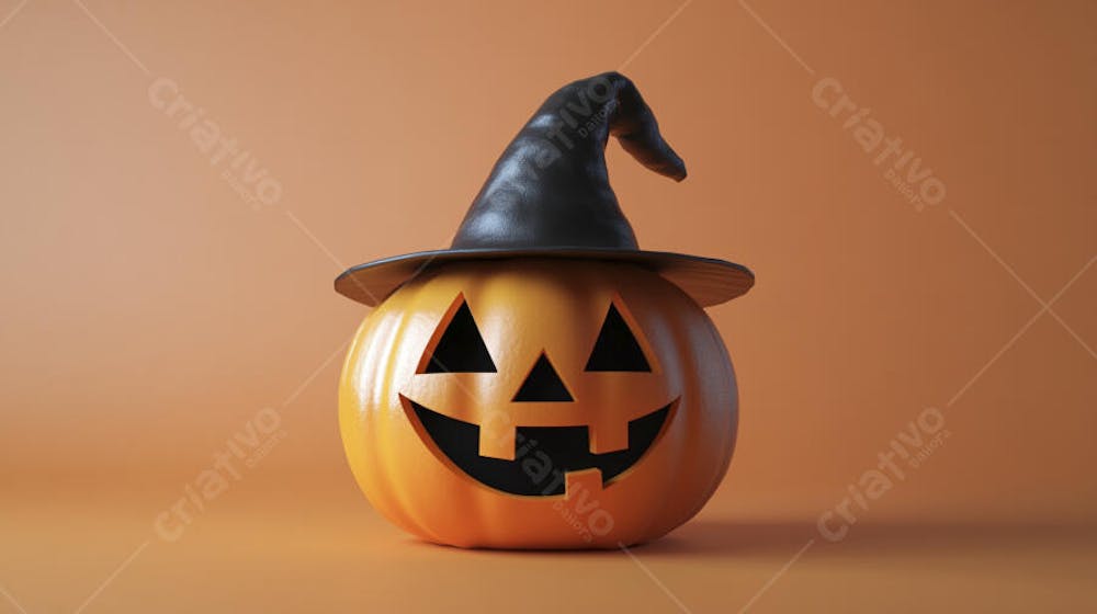 Abóbora de Halloween com Chapéu de Bruxa sobre Fundo Laranja Vibrante com Copy Space