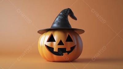 Abóbora de Halloween com Chapéu de Bruxa sobre Fundo Laranja Vibrante com Copy Space