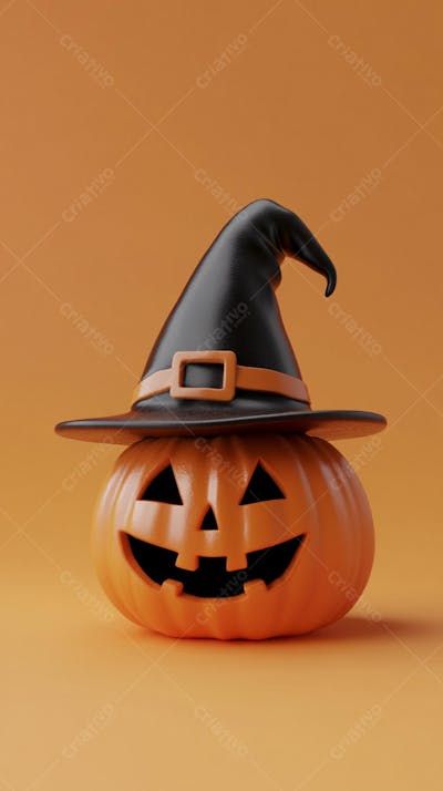 Abóbora de Halloween com Chapéu de Bruxa sobre Fundo Laranja Vibrante com Copy Space