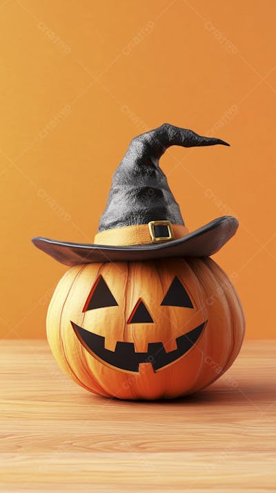Abóbora de Halloween com Chapéu de Bruxa sobre Fundo Laranja Vibrante com Copy Space