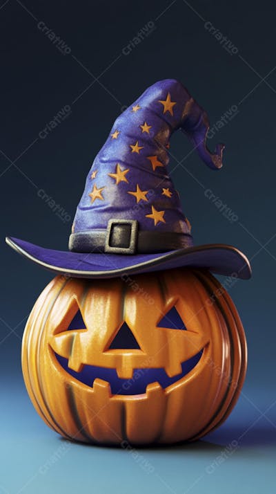 Abóbora de Halloween com Chapéu de Bruxa sobre Fundo Laranja Vibrante com Copy Space