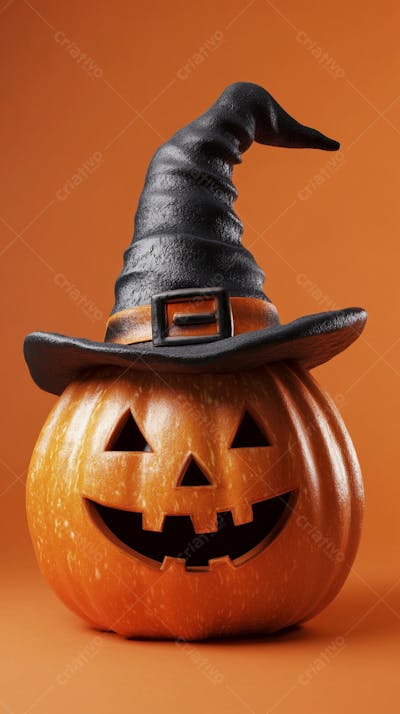 Abóbora de Halloween com Chapéu de Bruxa sobre Fundo Laranja Vibrante com Copy Space