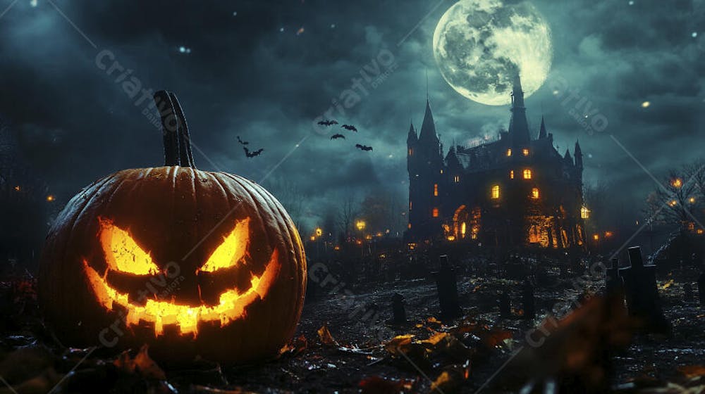 Castelo Assombrado Iluminado pela Lua com Abóboras de Halloween e Atmosfera Sombria Azulada
