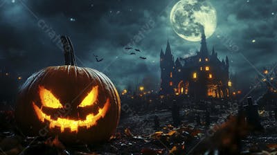 Castelo Assombrado Iluminado pela Lua com Abóboras de Halloween e Atmosfera Sombria Azulada