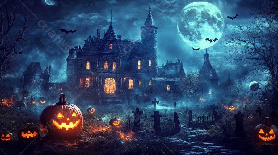 Castelo assombrado noite Halloween abóboras