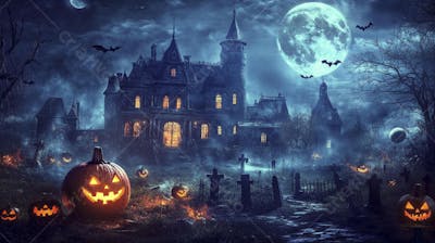 Castelo Assombrado Iluminado pela Lua com Abóboras de Halloween e Atmosfera Sombria Azulada