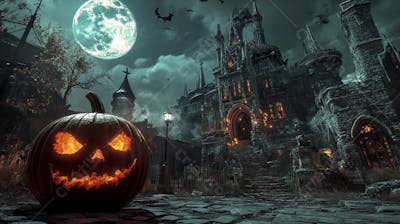 Castelo Assombrado Iluminado pela Lua com Abóboras de Halloween e Atmosfera Sombria Azulada
