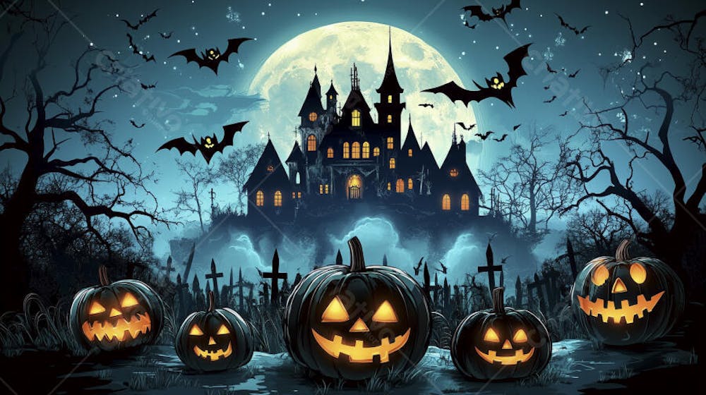 Castelo Assombrado Iluminado pela Lua com Abóboras de Halloween e Atmosfera Sombria Azulada