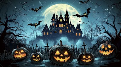 Castelo Assombrado Iluminado pela Lua com Abóboras de Halloween e Atmosfera Sombria Azulada