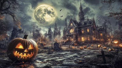 Castelo Assombrado Iluminado pela Lua com Abóboras de Halloween e Atmosfera Sombria Azulada