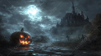 Castelo Assombrado Iluminado pela Lua com Abóboras de Halloween e Atmosfera Sombria Azulada