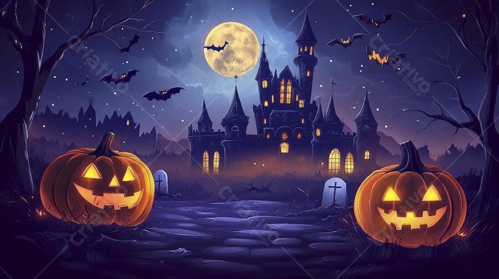 Castelo Assombrado Iluminado pela Lua com Abóboras de Halloween e Atmosfera Sombria Azulada