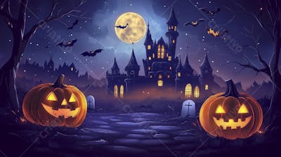 Castelo Assombrado Iluminado pela Lua com Abóboras de Halloween e Atmosfera Sombria Azulada