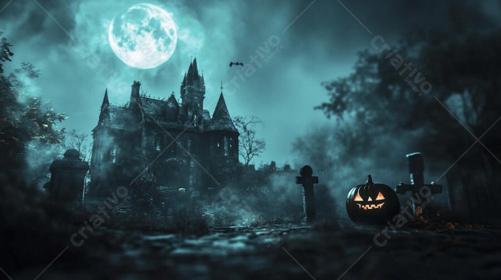 Castelo Assombrado Iluminado pela Lua com Abóboras de Halloween e Atmosfera Sombria Azulada
