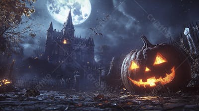 Castelo Assombrado Iluminado pela Lua com Abóboras de Halloween e Atmosfera Sombria Azulada