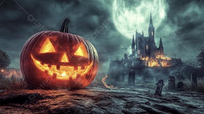 Castelo Assombrado Iluminado pela Lua com Abóboras de Halloween e Atmosfera Sombria Azulada