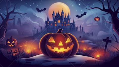 Castelo Assombrado Iluminado pela Lua com Abóboras de Halloween e Atmosfera Sombria Azulada