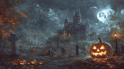 Castelo Assombrado Iluminado pela Lua com Abóboras de Halloween e Atmosfera Sombria Azulada