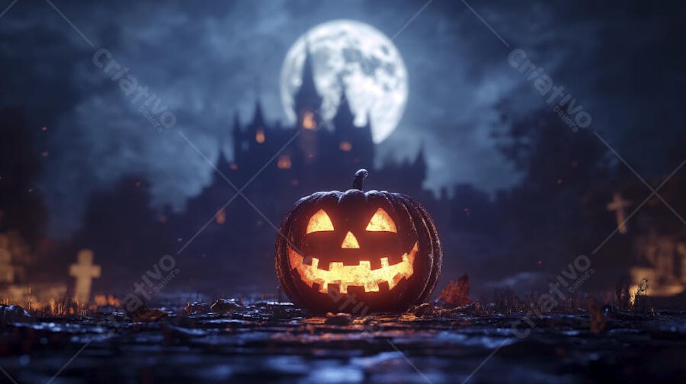 Castelo Assombrado Iluminado pela Lua com Abóboras de Halloween e Atmosfera Sombria Azulada