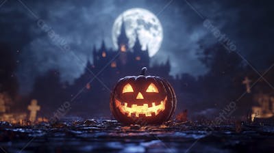 Castelo Assombrado Iluminado pela Lua com Abóboras de Halloween e Atmosfera Sombria Azulada