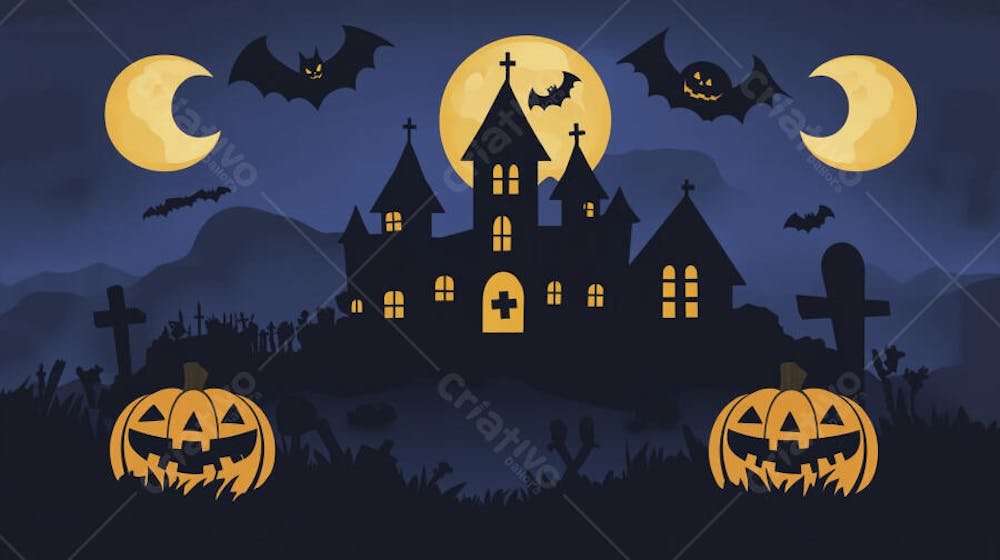 Castelo Assombrado Iluminado pela Lua com Abóboras de Halloween e Atmosfera Sombria Azulada