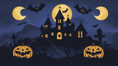 Castelo Assombrado Iluminado pela Lua com Abóboras de Halloween e Atmosfera Sombria Azulada