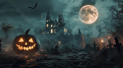 Castelo Assombrado Iluminado pela Lua com Abóboras de Halloween e Atmosfera Sombria Azulada