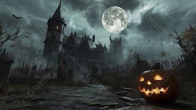 Castelo Assombrado Iluminado pela Lua com Abóboras de Halloween e Atmosfera Sombria Azulada