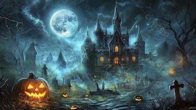 Castelo Assombrado Iluminado pela Lua com Abóboras de Halloween e Atmosfera Sombria Azulada