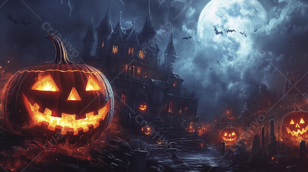 Castelo Assombrado Iluminado pela Lua com Abóboras de Halloween e Atmosfera Sombria Azulada